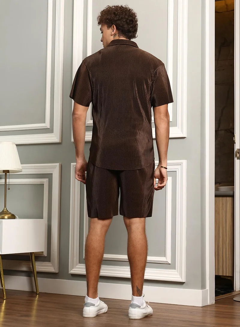 CAHOOT  Men's Mocha Brown Pleat-Creased Co-Ord Set For Casual Wear | Spread Collar | Short Sleeve | Button Closure | Co-Ords Crafted With Comfort Fit For Everyday Wear for Men | Best Price UAE